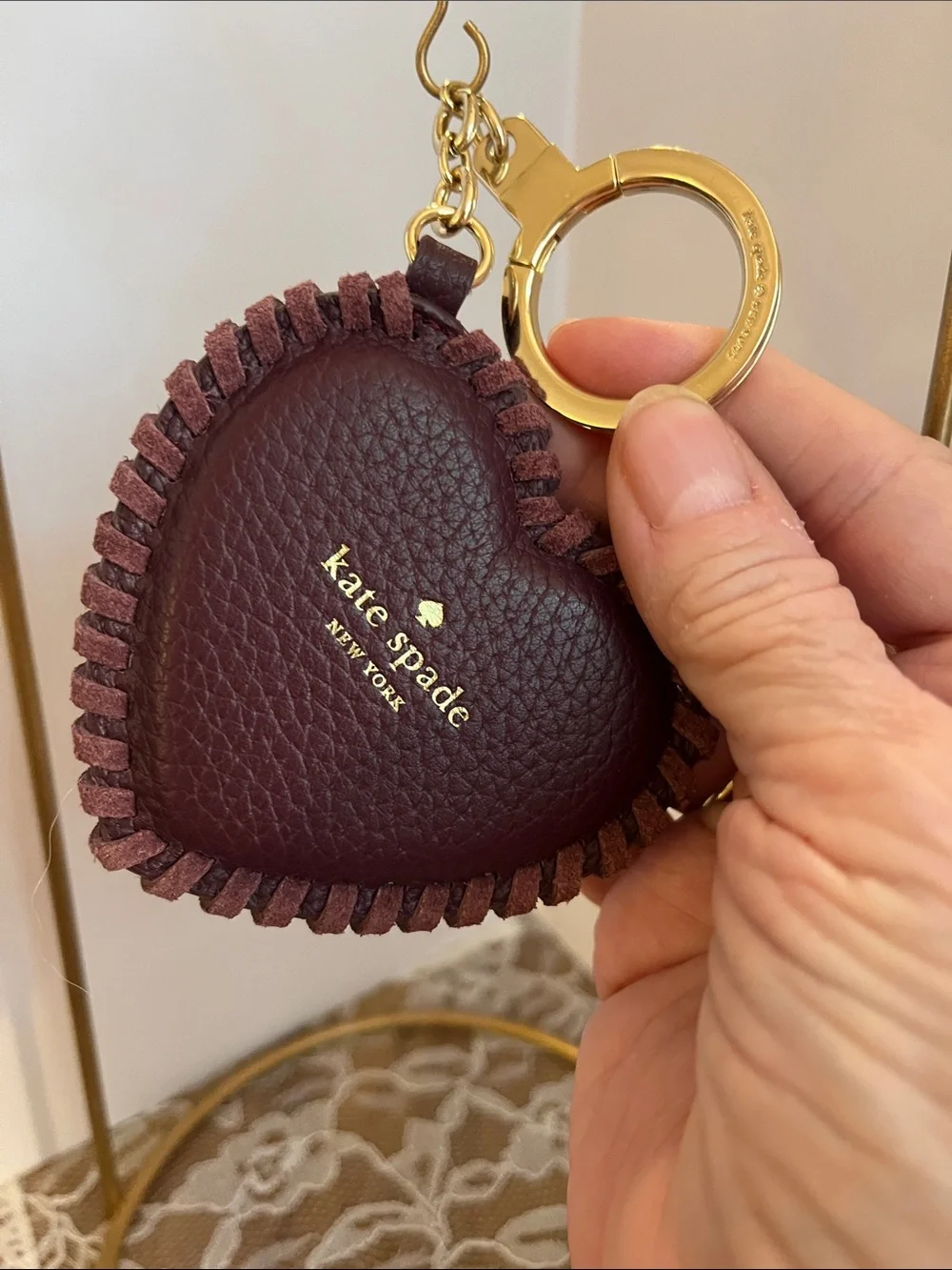 kate spade Burgundy Heart Leather Key Ring with Gold Hardware